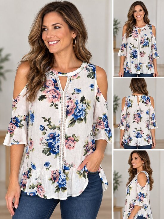 Blu Pepper Tops - Blu Pepper Women’s Medium Floral Cold Shoulder Tunic Blouse White Blue Pink